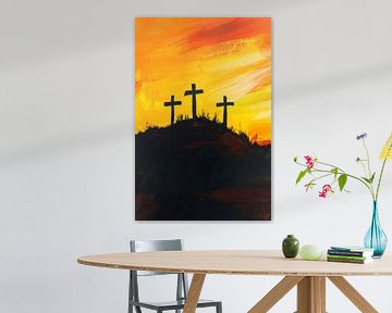 Drie kruizen in de zonsondergang van Poster Art Shop