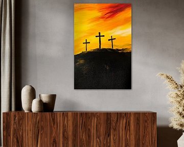 Drie kruizen in de zonsondergang van Poster Art Shop