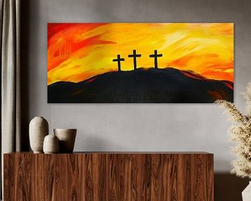 Drie kruizen in de zonsondergang van Poster Art Shop