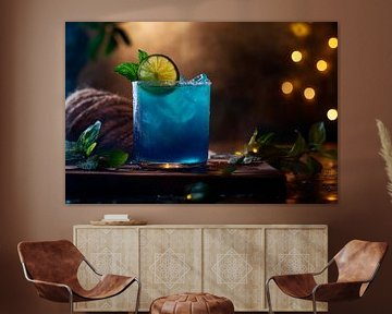 Blauwe cocktail met limoen en munt van Poster Art Shop