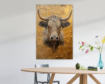 Golden Proud Bull Modern Texture Art by Eva Lee