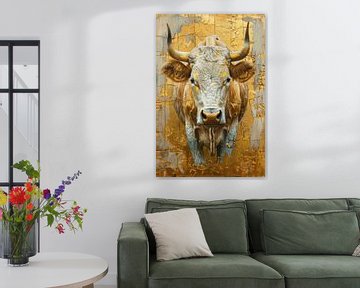 Majestueuze Stier - Elegantie in Goud en Neutrale Tint van Eva Lee