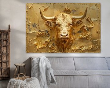 Gouden Majesteit - Elegant Stierportret in Luxe Kunst van Eva Lee