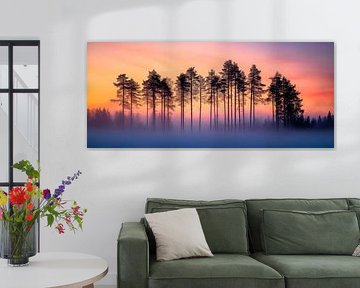 Arbres dans le brouillard au coucher du soleil sur Poster Art Shop