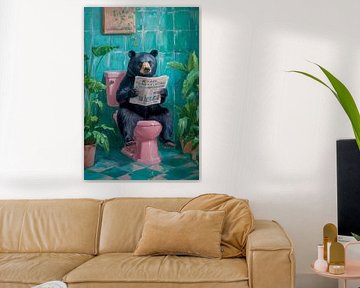 Un ours lit le journal dans les toilettes sur Poster Art Shop