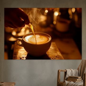 Dampfender Kaffee mit Kunstwerk