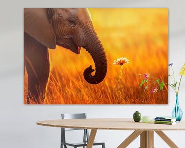 Un éléphant admire une fleur sur Poster Art Shop