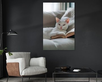 Ontspannende kat met boek op bank van Poster Art Shop