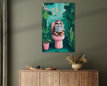Luie hond in een kleurrijke badkamer van Poster Art Shop