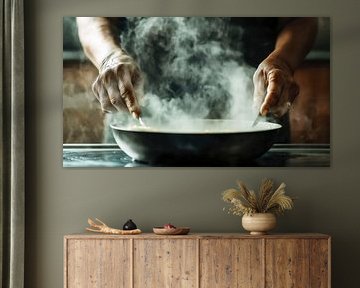 Koken met pan en opstijgende stoom