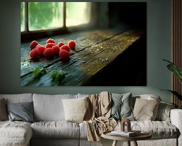 Fresh raspberries on a wooden windowsill by Poster Art Shop