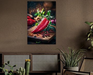 Fresh red chilli on a wooden board by Poster Art Shop