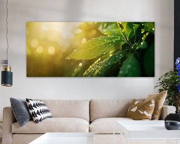 Green leaves with dewdrops in the light by Poster Art Shop