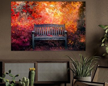 Banc de parc automnal dans les feuillages colorés sur Poster Art Shop