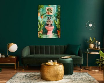 Dog in a colourful bathroom with plants by Poster Art Shop