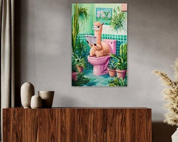Llama relaxing in the colourful bathroom by Poster Art Shop