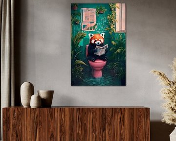 Rode panda leest krant in de badkamer van Poster Art Shop