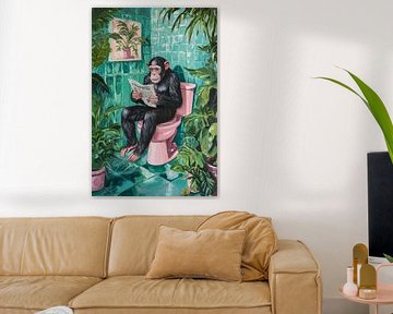 Chimpanzee in the bathroom with plants by Poster Art Shop