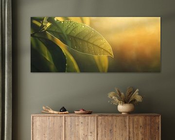 Feuille parsemée de gouttes sous la lumière du soleil sur Poster Art Shop