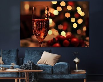 Kerstfeest met champagneglas en lichtjes van Poster Art Shop