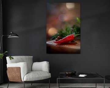 Verse rode peper op een houten plank van Poster Art Shop
