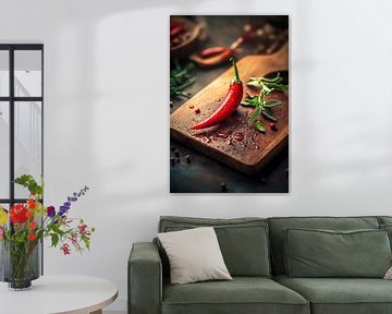 Fresh red chilli on a wooden board by Poster Art Shop