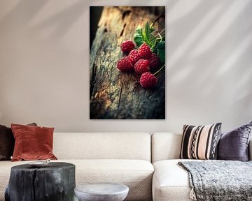 Verse frambozen op een houten achtergrond van Poster Art Shop