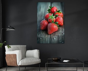 Sappige aardbeien op een houten bodem van Poster Art Shop