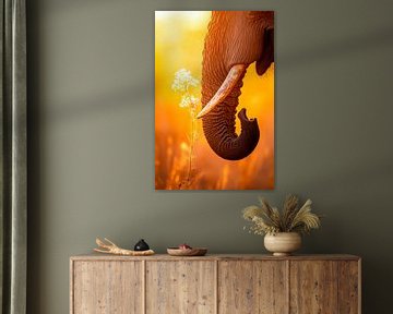 Olifant in de zonsondergang met bloem van Poster Art Shop