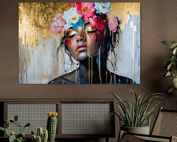 vrouw met bloemen en goud van Imperial Art House