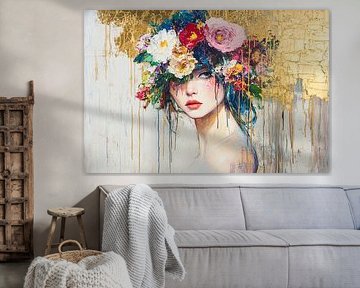 Woman with colourful garland of flowers