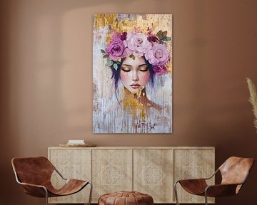 Vrouw met roze bloemenkrans van Imperial Art House