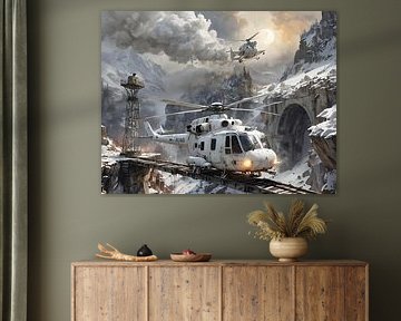 Two helicopters land in a ravine
