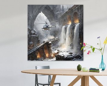 Helicopter flies through a narrow gorge