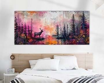 Neon Sunset Silhouette van Abstract Schilderij