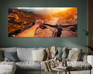 Avontuur op een mountainbike bij zonsondergang van Poster Art Shop