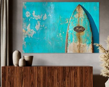 Versleten surfplank voor de muur van Poster Art Shop