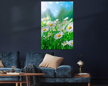 Bloeiende madeliefjes in het gras van Poster Art Shop