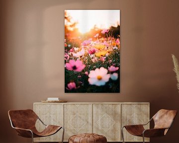Bloeiend bloemenveld in het zonlicht van Poster Art Shop