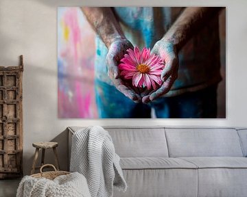 Colourful hands holding a flower by Poster Art Shop