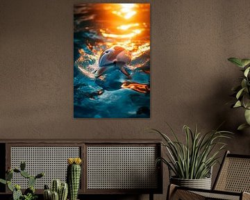 Dolfijn springt in het gloeiende water van Poster Art Shop