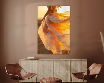 Femme en robe fluide au coucher du soleil sur Poster Art Shop