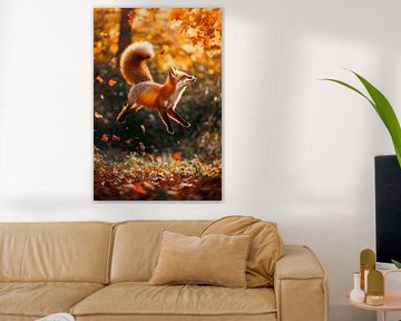 Le renard bondit à travers les feuilles d'automne sur Poster Art Shop