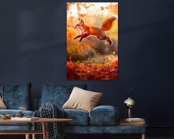Le renard bondit à travers les feuilles d'automne sur Poster Art Shop
