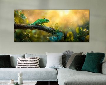 Groene kameleon op boomstam van Poster Art Shop