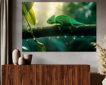 Groene kameleon op een tak in de natuur van Poster Art Shop