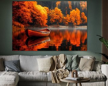 Autumn tranquillity on the lake with boat by Poster Art Shop
