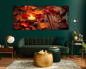 Herbstliche Kerze mit bunten Blättern von Poster Art Shop