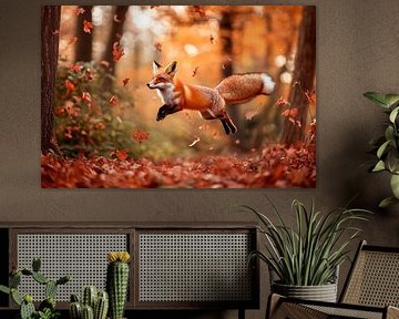 Herbstlicher Fuchs springt durch Laub von Poster Art Shop