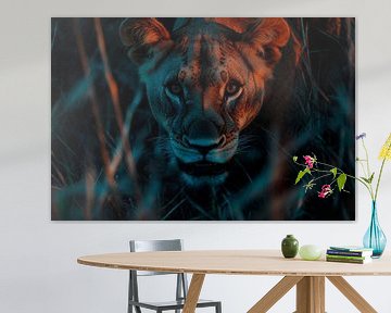 Hinderlaag leeuwin in het donker van Poster Art Shop